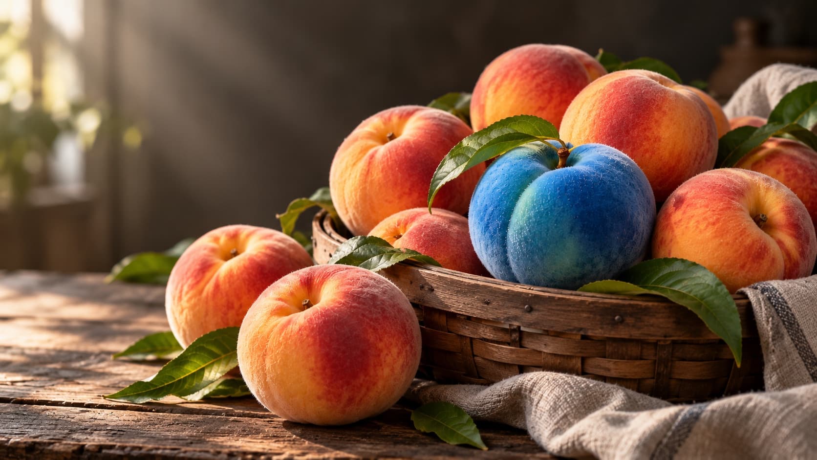 A basket of peaches on a wooden table with one blue peach in the middle