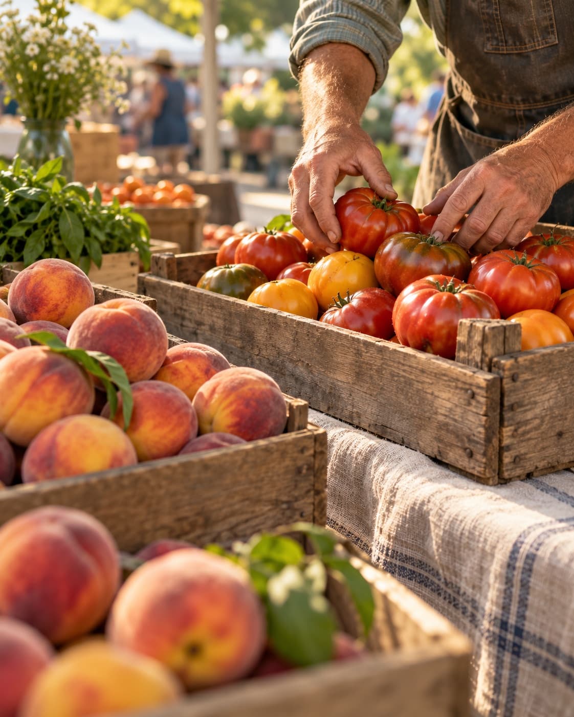 A grower's hands arranging heirloom tomatoes in a wooden crate beside crates of peaches