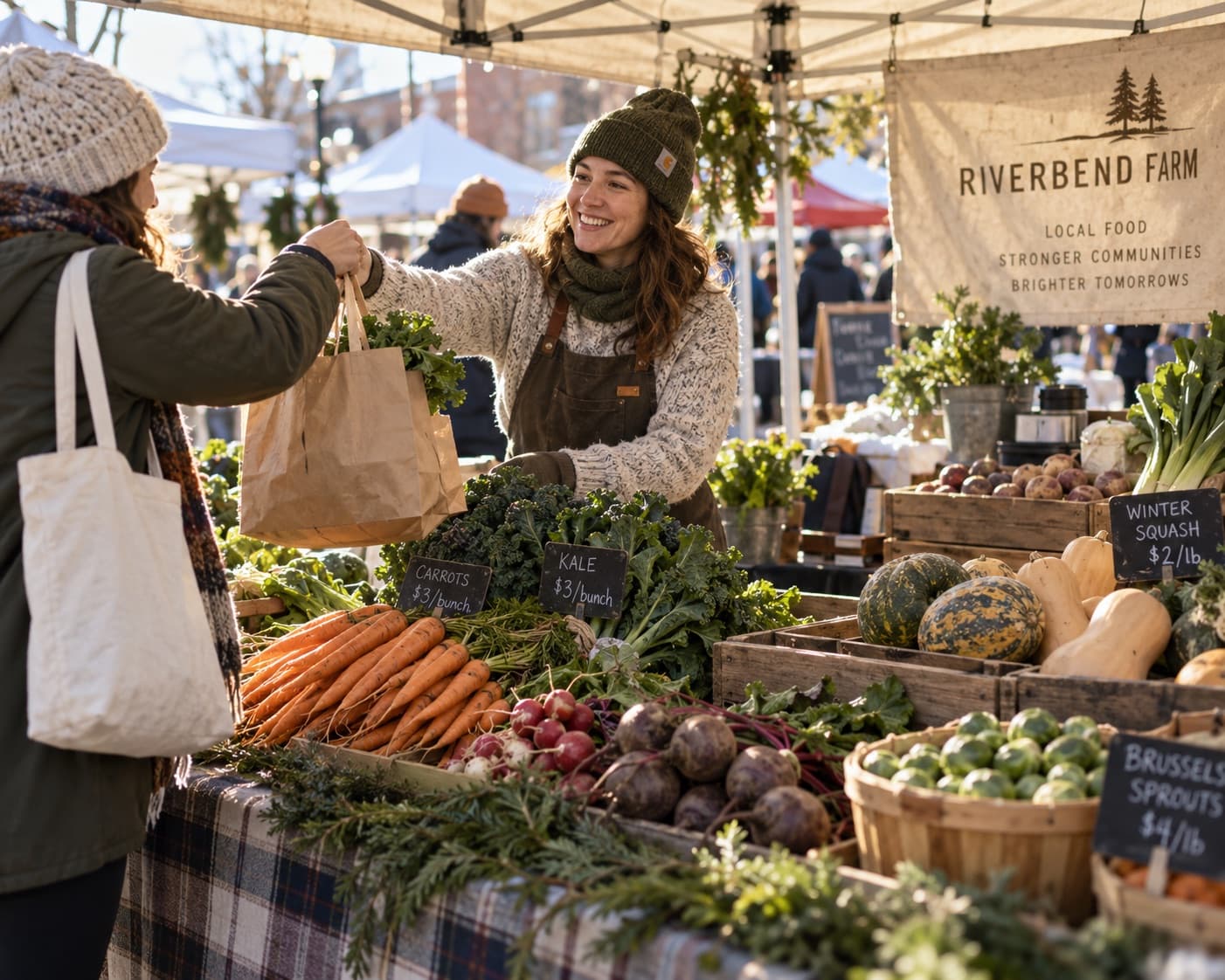 A vendor in a knit hat hands a paper bag of greens to a shopper across a winter market stall