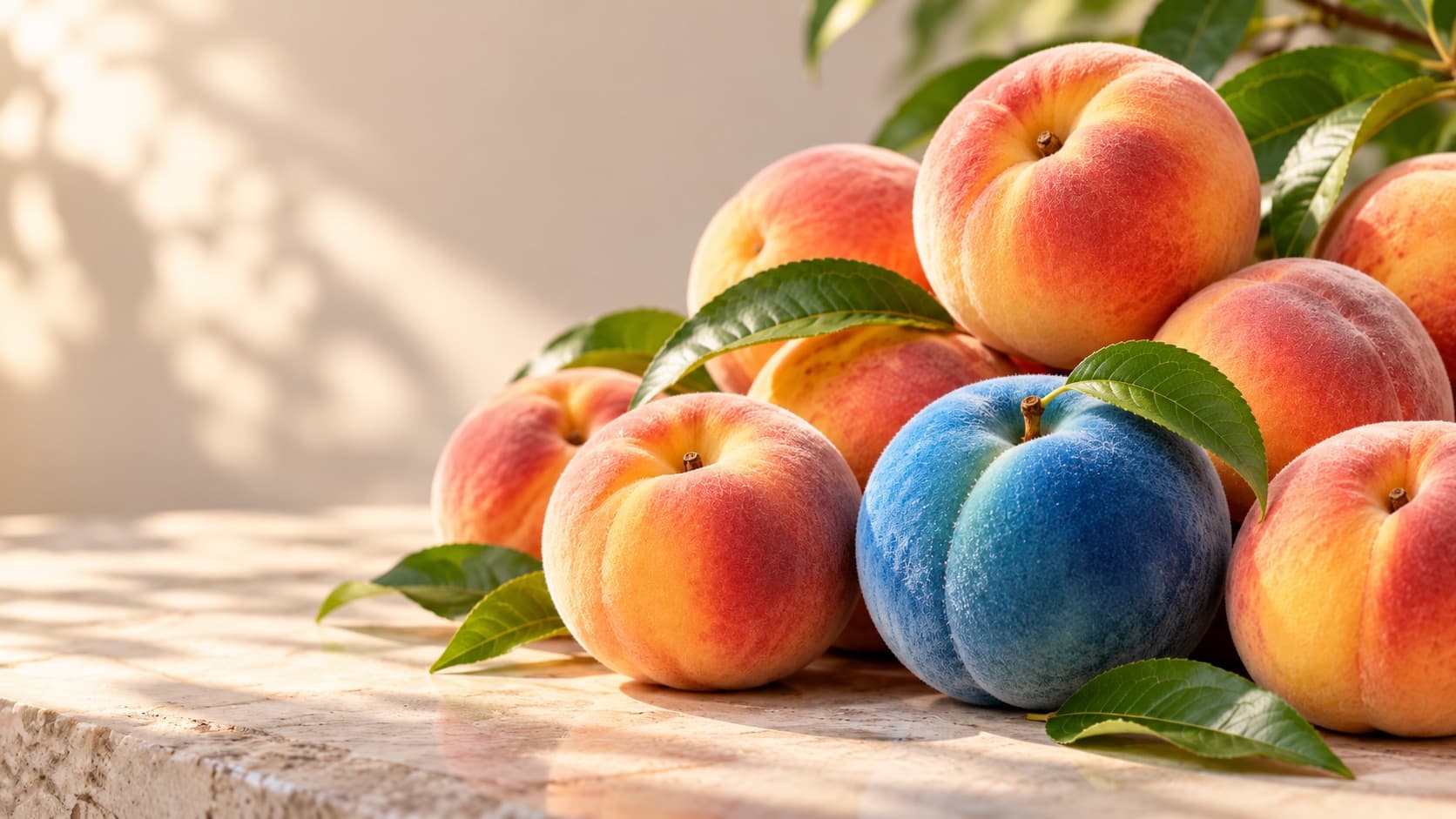 A pile of ripe peaches with one blue peach among them